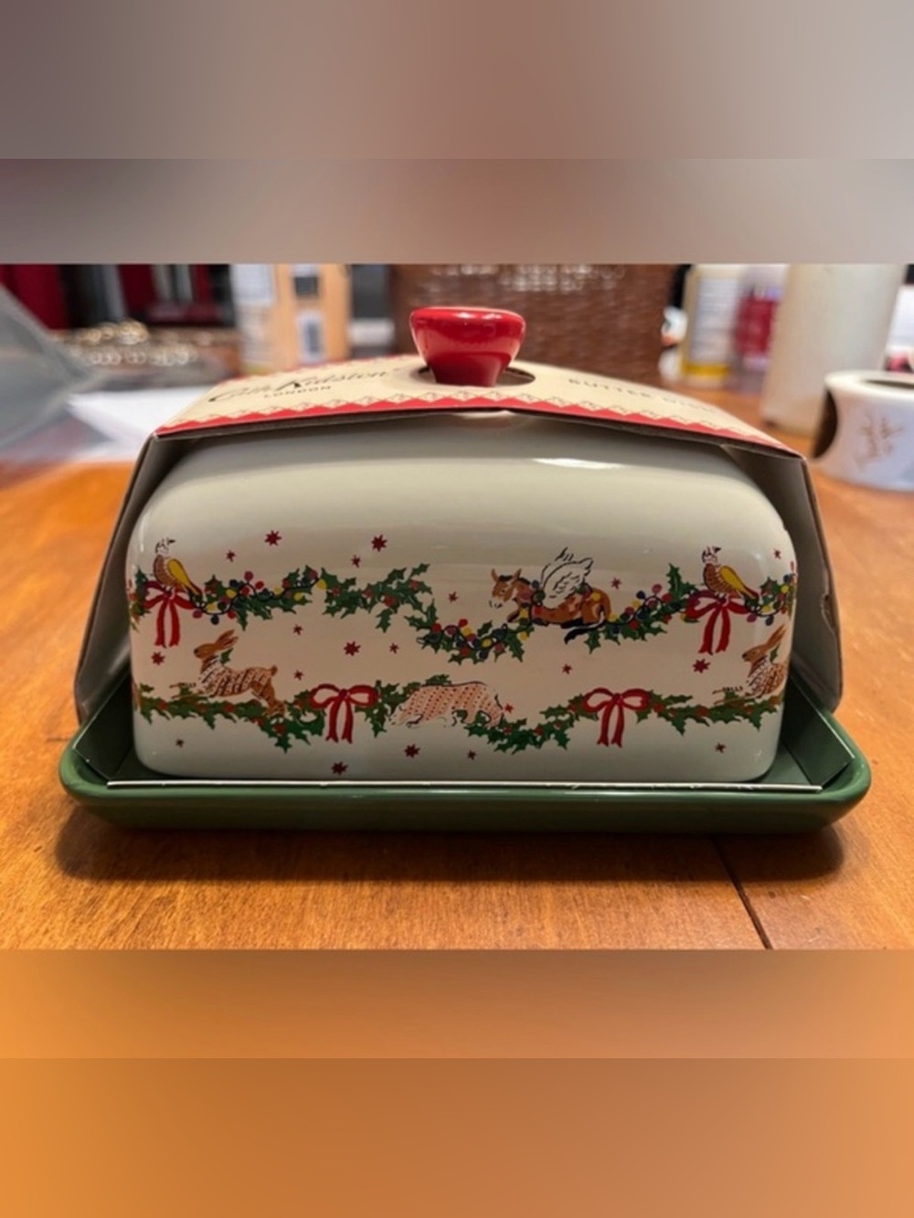 NEW Cath Kidston London Christmas Garland Stoneware Butter Dish w/ Lid